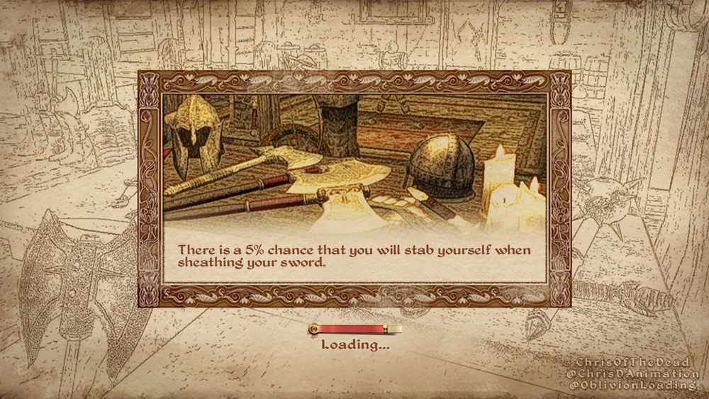 A loading screen from The Elder Scrolls 4: Oblivion, showing a table full of weapons and some helmets in a Fighters Guild hall.