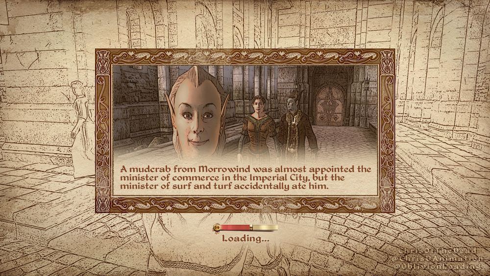 A fake loading screen from The Elder Scrolls 4: Oblivion, showing an elf woman looking at the viewer and smiling, while walking around the Imperial City market district. She has swept back silver hair and long pointed ears. Behind her are two human women walking around, as well as a Dunmer man in an upper-class and fancy out with fur-trimmed robes. His skin is a grey-blue, and his black hair is swept upwards in a poofy shape, ending with multiple points.