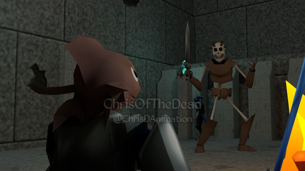 A dusty red-brown shark man in knight armor holding up a blue-bladed sword. There is a giant skeleton wearing pieces of rusty armor and holding a giant simple sword. The skeleton has spikes coming out of the top of its head. Behind him is a blue dragon man in knight armor. They are in ancient stone ruins that are dimly lit, and a faint orange light is hitting them from the front, coming from a fire off to the right side of the frame.