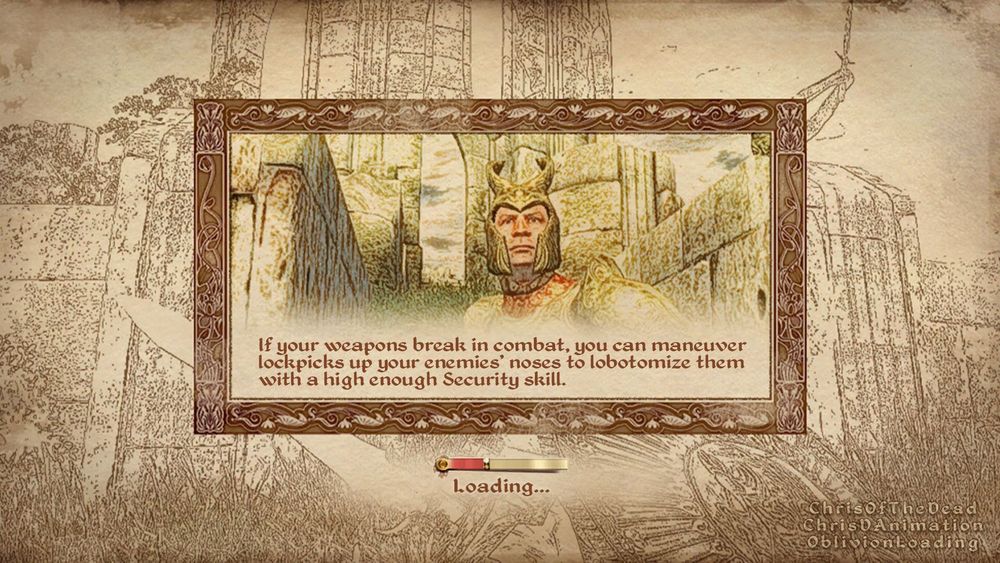 A loading screen from The Elder Scrolls 4: Oblivion, showing a human in elven armor, standing in front of some ancient elvish ruins.