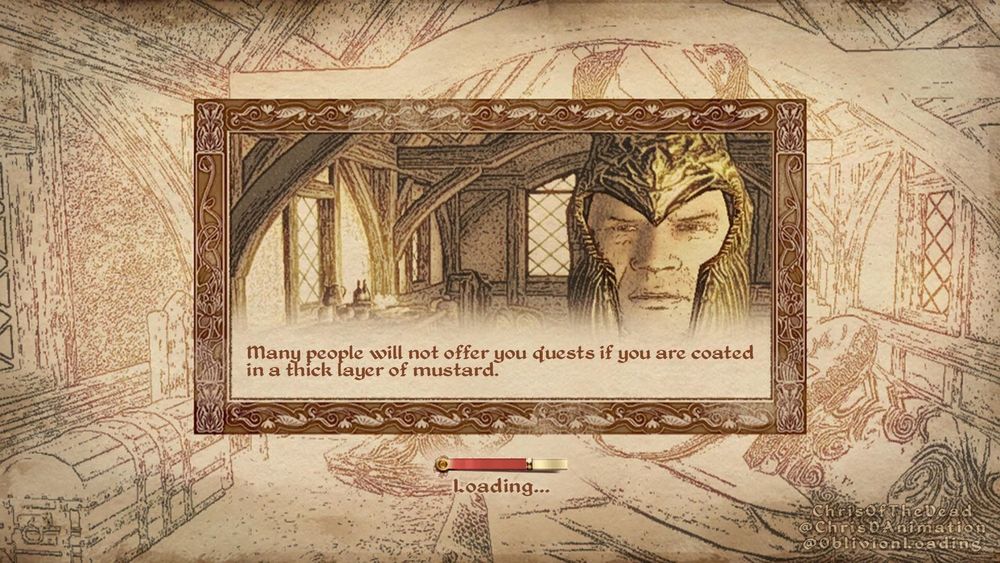A loading screen from The Elder Scrolls 4: Oblivion, showing an NPC wearing Elven armor inside of a building.