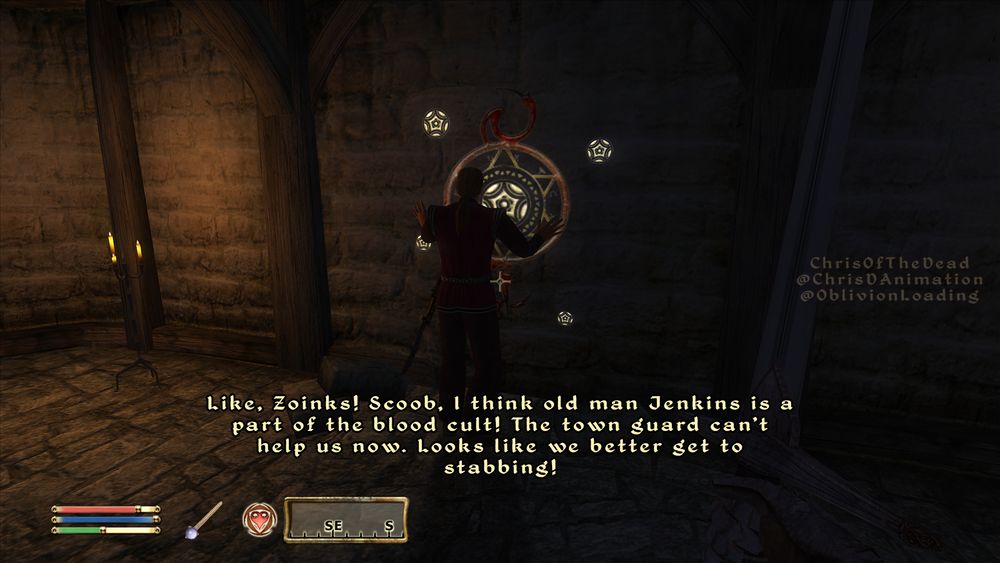 A screenshot of The Elder Scrolls 4: Oblivion, of the player looking at an imperial man feeling around a wall with glowing and ominous patterns and symbols in a dark basement, lit eerily by candlelight.