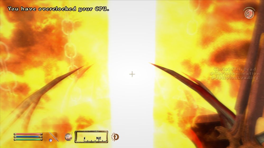 A screenshot of The Elder Scrolls 4: Oblivion, of the player witnessing the pillar of flame erupting from the Sigil Tower inside of an Oblivion Gate after removing the Gate's Sigil Stone, as that portion of the realm of Oblivion collapses. There are four red and black curved spikes pointing inward towards the pillar of flame, slightly off-tilt from the structure collapsing.