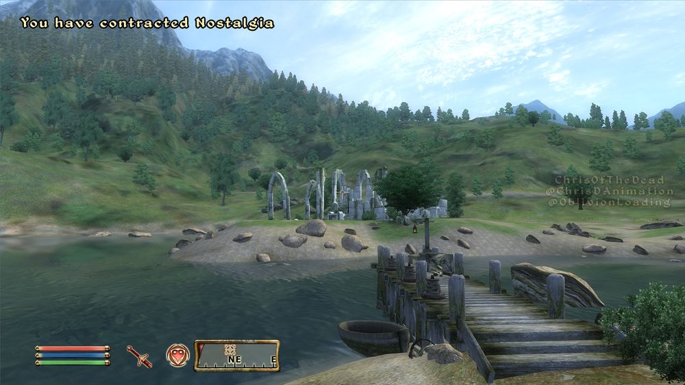 A screenshot of The Elder Scrolls 4: Oblivion, of the player looking at the view of some Ayleid (ancient elvish) ruins among the grassy top of a beach, in front of lush green hills and mountains. This is the first thing all players see upon leaving the game's tutorial and being set loose on the game's open world.