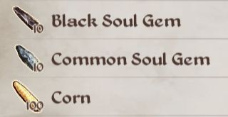 A screenshot of The Elder Scrolls 4: Oblivion Remastered, of the player looking at an inventory list that shows:
10 - Black Soul Gem
10 - Common Soul Gem
100 - Corn

Which all have similarly shaped and oriented item icon illustrations.