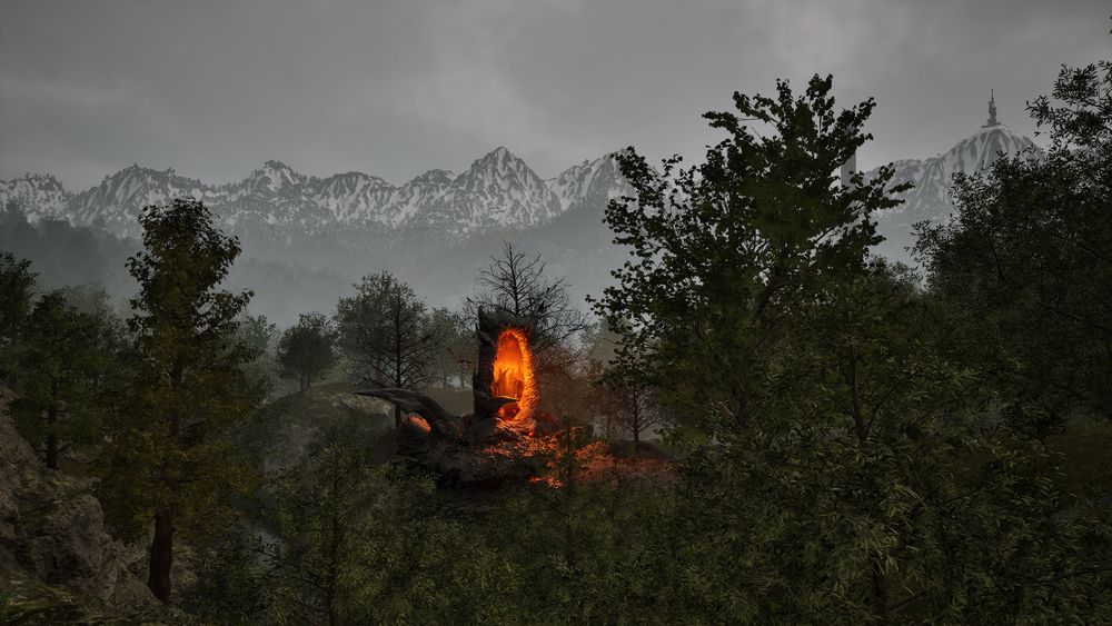 A screenshot of The Elder Scrolls 4: Oblivion Remastered, of a scenic view of a hilly forest on a somewhat foggy grey day, with an Oblivion gate in the center of the view, on top of a small hill. (An Oblivion Gate is a large, tall, dark, stone oval with jagged spikes that has a fiery orange portal in its opening, that chars the ground around it with other large spikes sticking out of the nearby landscape.)