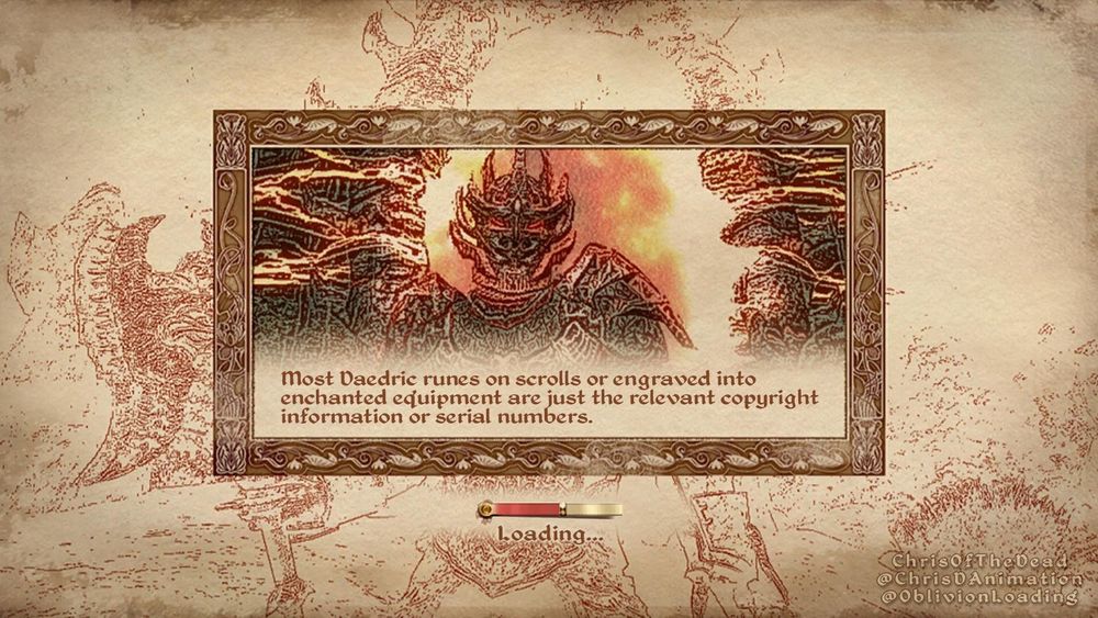 A loading screen from The Elder Scrolls 4: Oblivion, showing a Dremora (a lesser demon), in full Daedric (demonic, red and spiky) armor, in front of an Oblivion Gate (A large spiky rocky oval with a fiery portal in the center and lightning coming out of the sides).