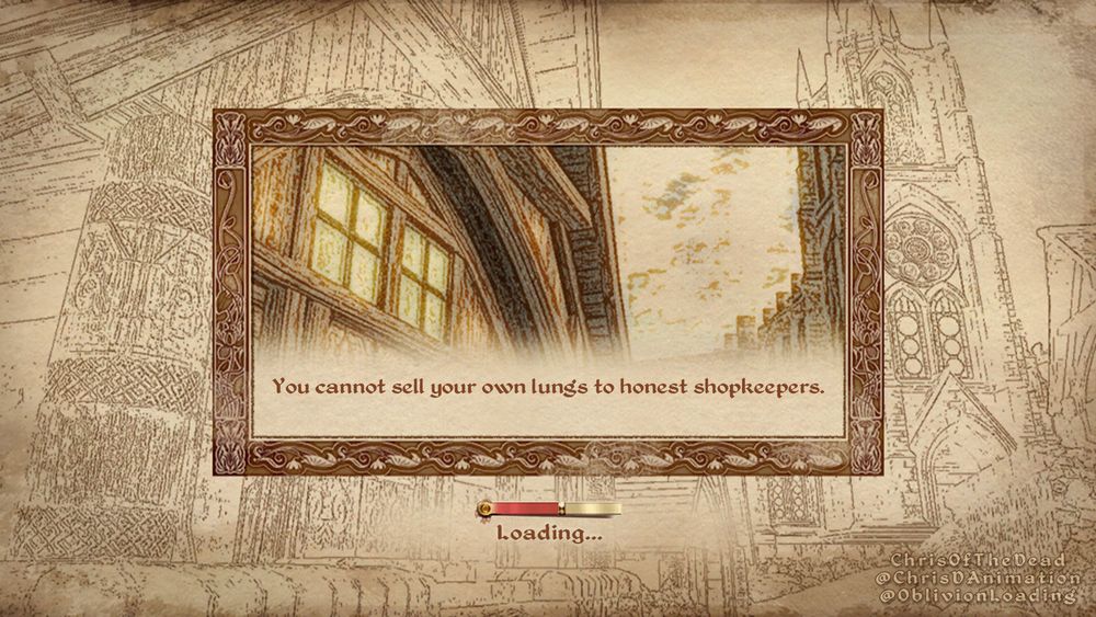A loading screen from The Elder Scrolls 4: Oblivion, showing the Bruma Chapel from the perspective of it being behind one of the houses in the city.