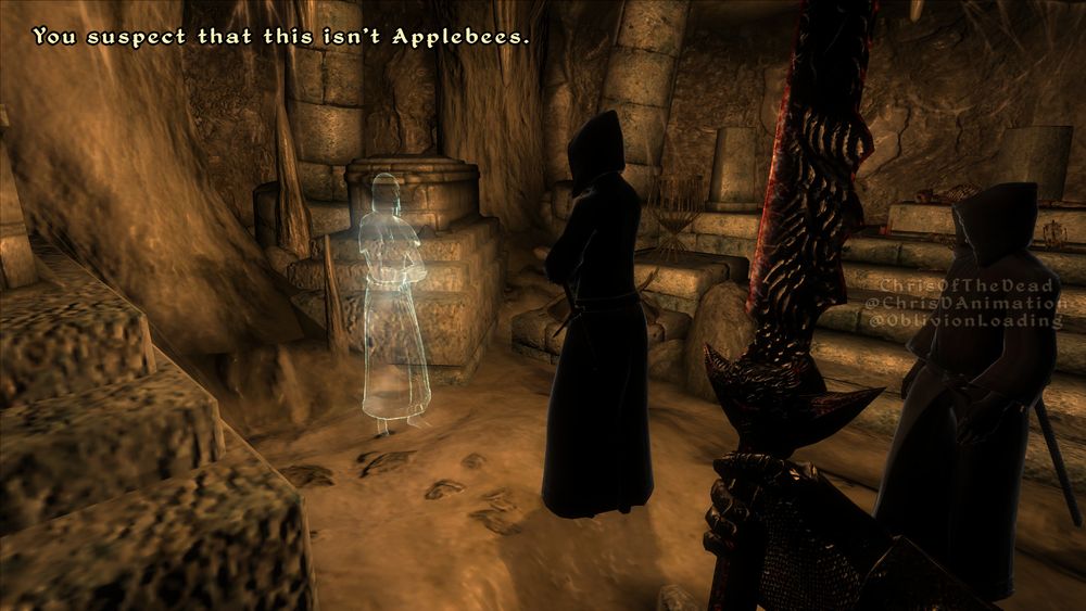 A screenshot of The Elder Scrolls 4: Oblivion, of the player looking at a meeting in a cave of the Dark Brotherhood. There is a ghost of a woman talking to 2 people in black hooded robes with crumbling stone pillars, stone coffins, and skeletal remains around the scene. The player is holding up a Daedric (demonic) longsword with an armored hand.