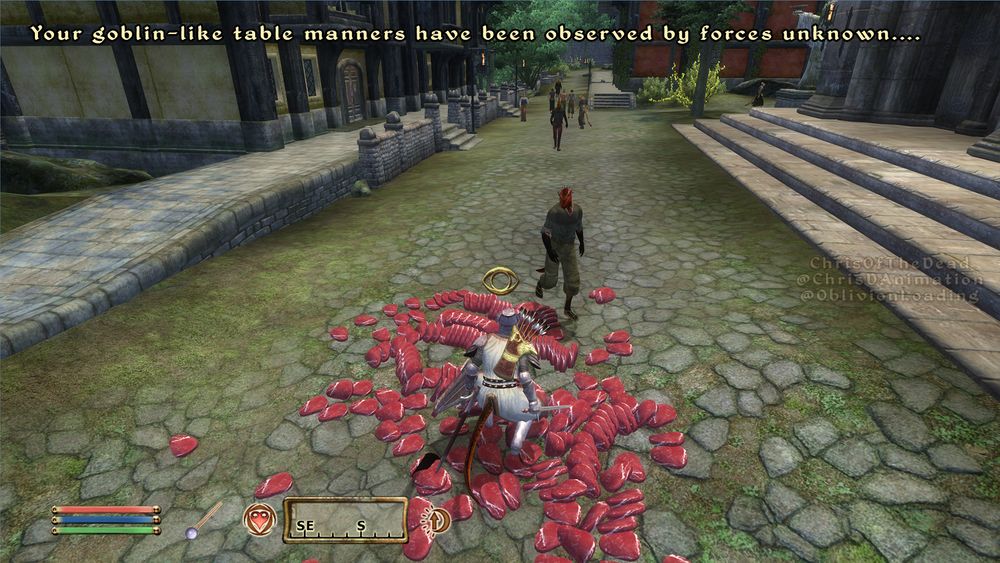 A screenshot of The Elder Scrolls 4: Oblivion, of the player wearing the Divine Crusader armor, in the middle of a Leyawiin street, on top of a pile of many slabs of beef, with an Argonian walking by and staring at the player. A crowd is seen in the distance.
