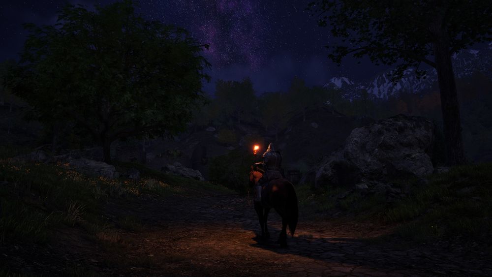 A screenshot of The Elder Scrolls 4: Oblivion Remastered, of an imperial watch guard, on their horse, at night, holding up a torch, walking through the hillside and tree-covered landscape, next to a large rock. The night sky is glittering with twinkling stars on a deep blue-purple sky with some pink galaxy colored cloudy shapes, and the orange light of the guard's torch casts shadows on the ground of the horse he rides. The armor he wears is a hybrid between medieval English and ancient Roman styles.
