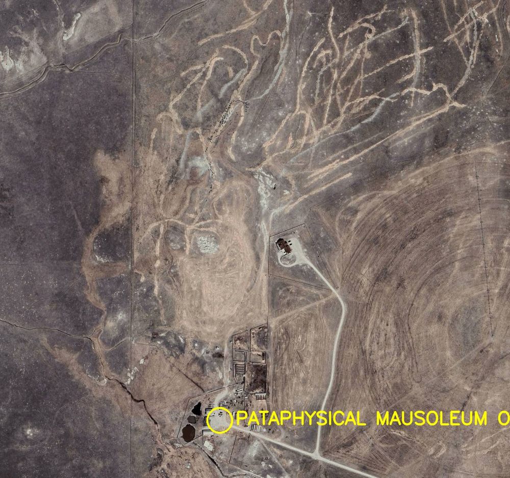 Aerial satellite photo labelled in bright yellow letters: 

1. Pataphysical Mausoleum of Dancers