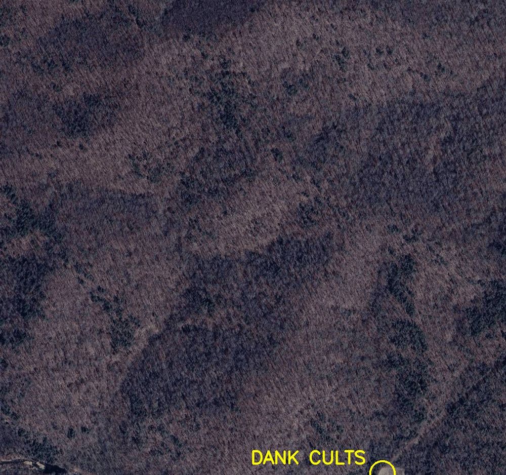 Aerial satellite photo labelled in bright yellow letters: 

1. Dank Cults