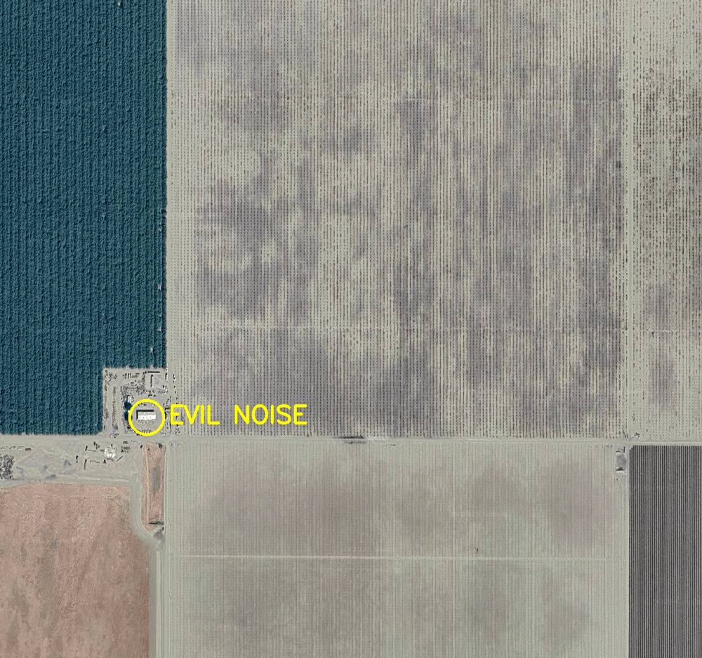 Aerial satellite photo labelled in bright yellow letters: 

1. Evil Noise
