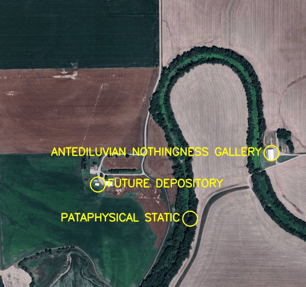 Aerial satellite photo labelled in bright yellow letters: 

1. Antediluvian Nothingness Gallery
2. Pataphysical Static
3. Future Depository

