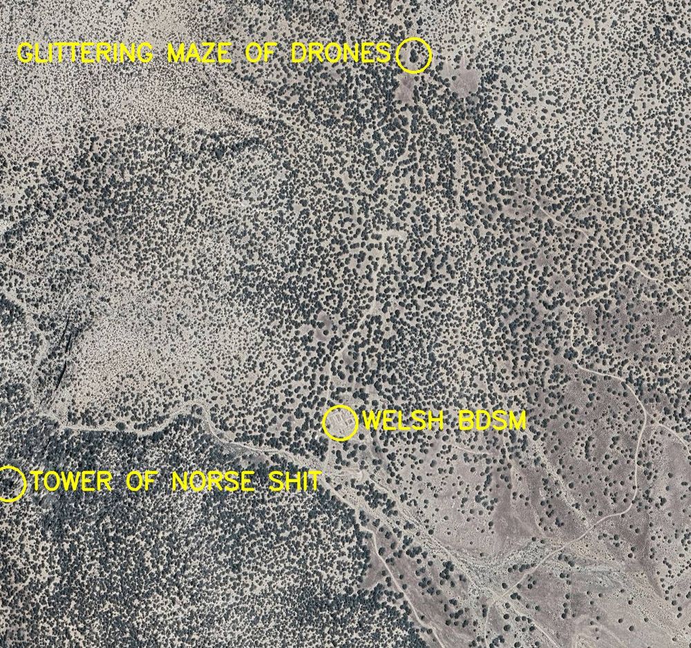 Aerial satellite photo labelled in bright yellow letters: 

1. Welsh BDSM
2. Tower of Norse Shit
3. Glittering Maze of Drones
