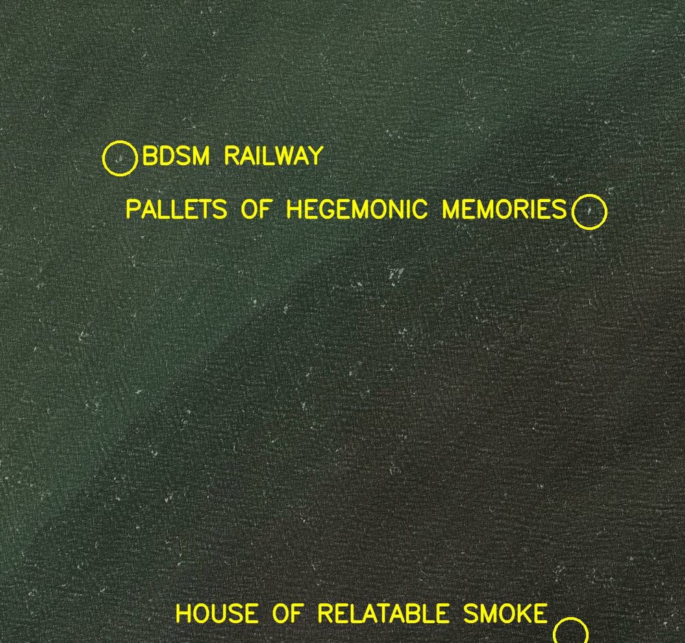Aerial satellite photo labelled in bright yellow letters: 

1. BDSM Railway
2. House of Relatable Smoke
3. Pallets of Hegemonic Memories
