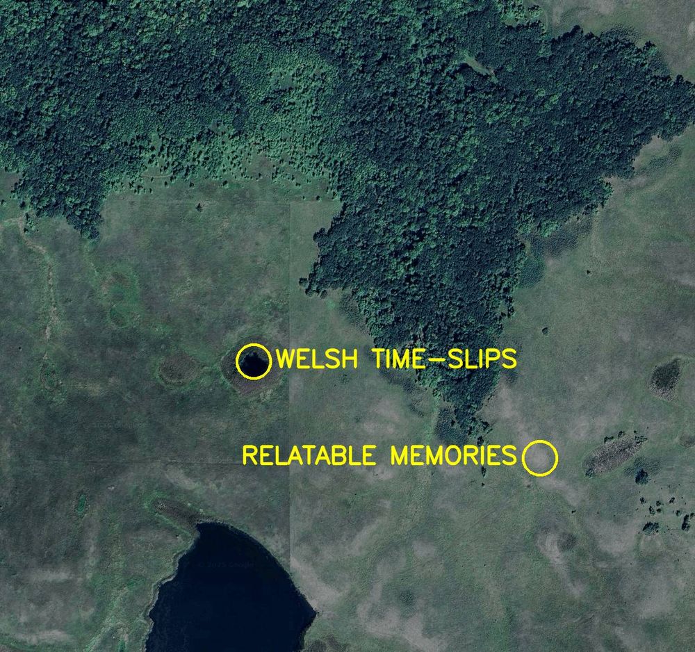Aerial satellite photo labelled in bright yellow letters: 

1. Relatable Memories
2. Welsh Time-slips