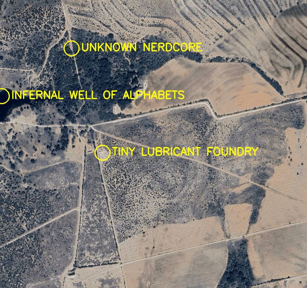 Aerial satellite photo labelled in bright yellow letters: 

1. Tiny Lubricant Foundry
2. Infernal Well of Alphabets
3. Unknown Nerdcore
