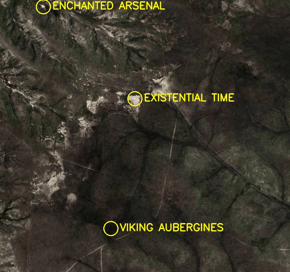 Aerial satellite photo labelled in bright yellow letters: 

1. Existential Time
2. Viking Aubergines
3. Enchanted Arsenal
