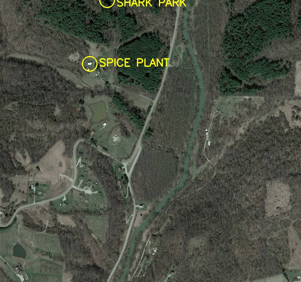 Aerial satellite photo labelled in bright yellow letters: 

1. Spice Plant
2. Shark Park