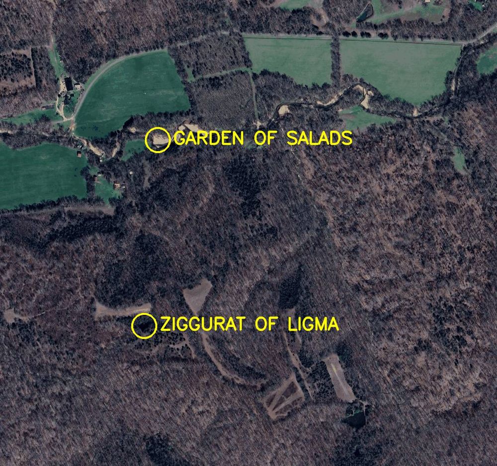 Aerial satellite photo labelled in bright yellow letters: 

1. Garden of Salads
2. Ziggurat of Ligma