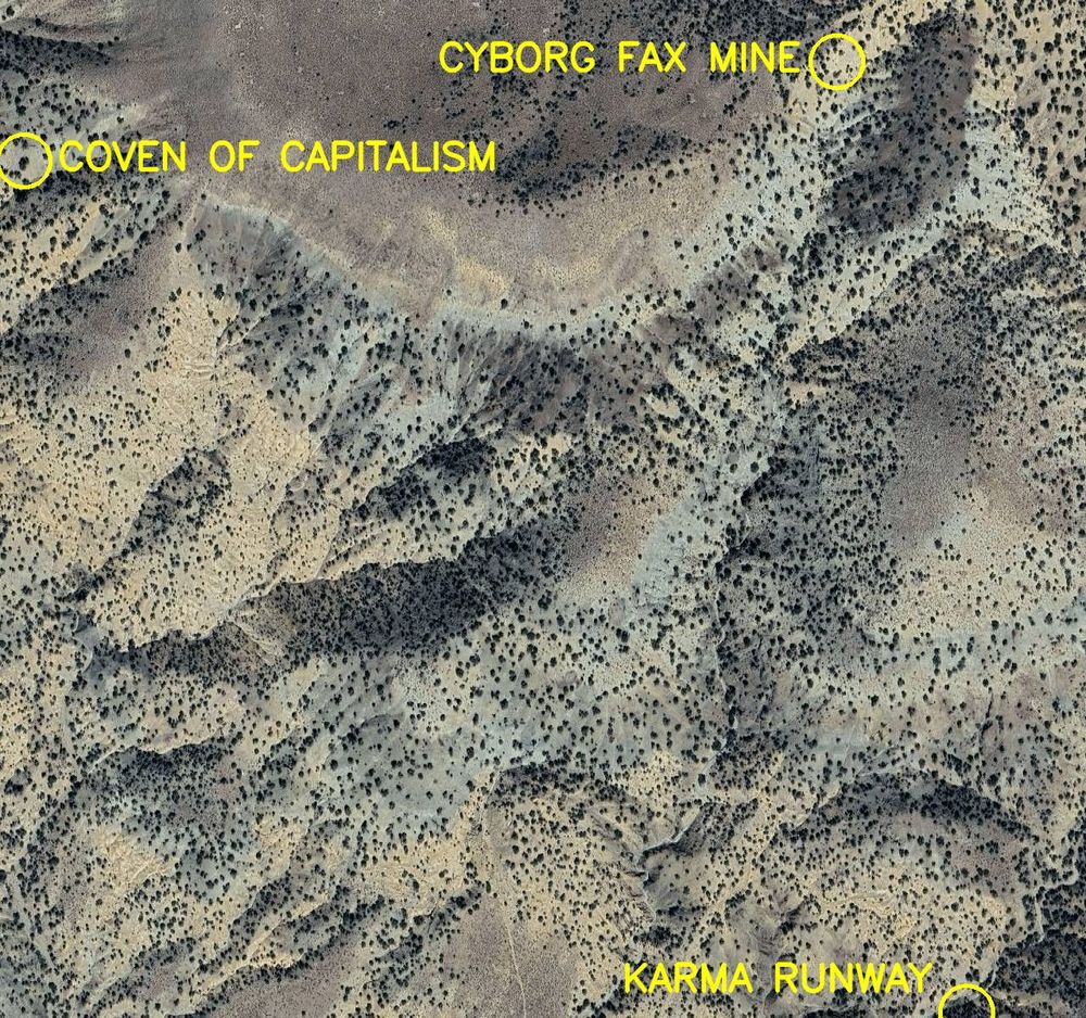 Aerial satellite photo labelled in bright yellow letters: 

1. Cyborg FAX Mine
2. Karma Runway
3. Coven of Capitalism
