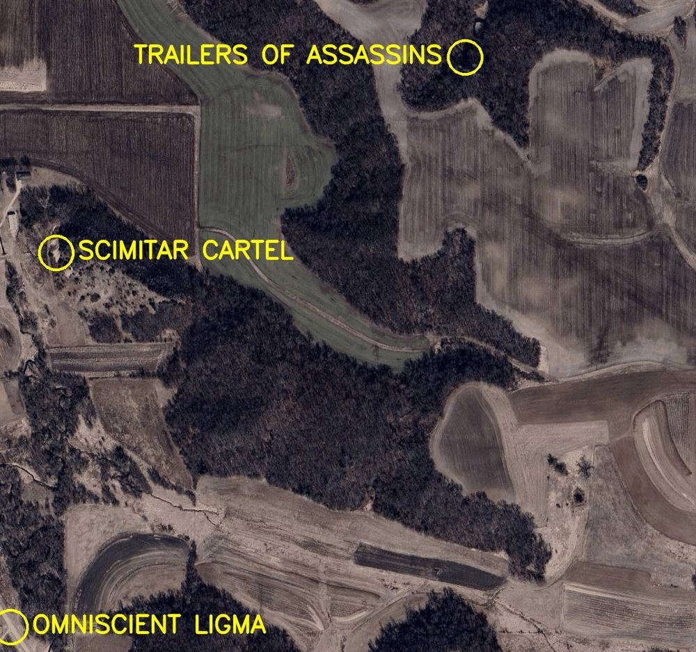 Aerial satellite photo labelled in bright yellow letters: 

1. Omniscient Ligma
2. Trailers of Assassins
3. Scimitar Cartel

