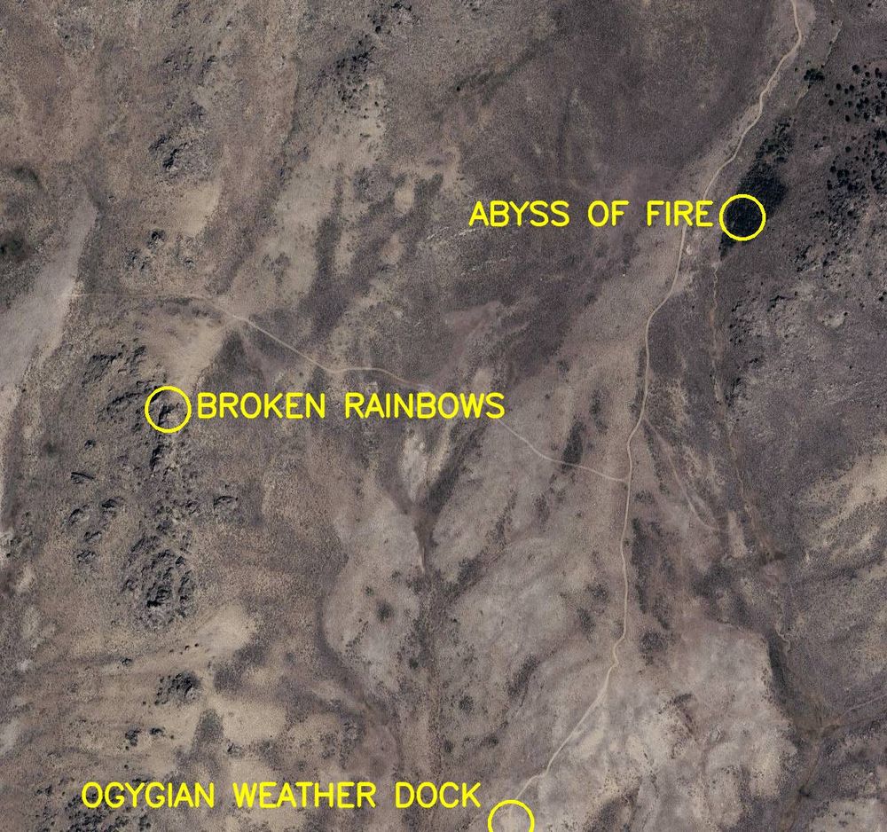 Aerial satellite photo labelled in bright yellow letters: 

1. Ogygian Weather Dock
2. Abyss of Fire
3. Broken Rainbows
