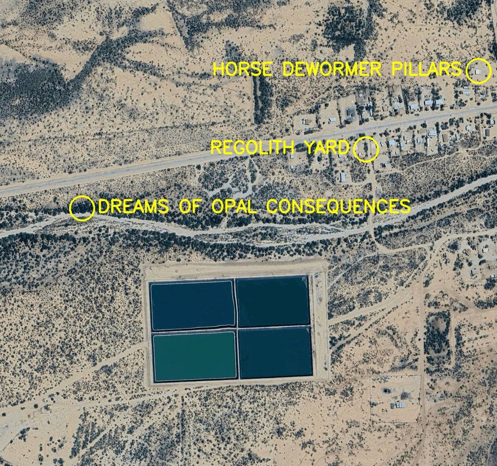 Aerial satellite photo labelled in bright yellow letters: 

1. Horse Dewormer Pillars
2. Dreams of Opal Consequences
3. Regolith Yard
