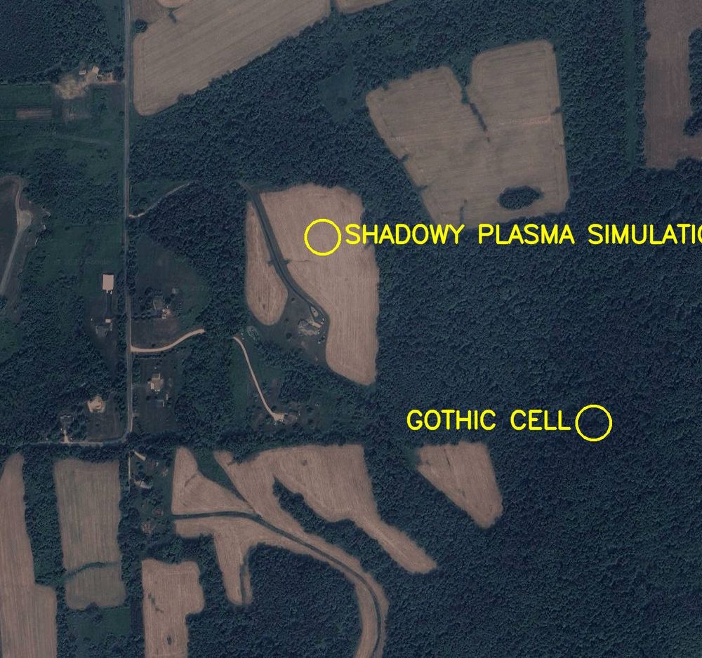 Aerial satellite photo labelled in bright yellow letters: 

1. Shadowy Plasma Simulation
2. Gothic Cell
