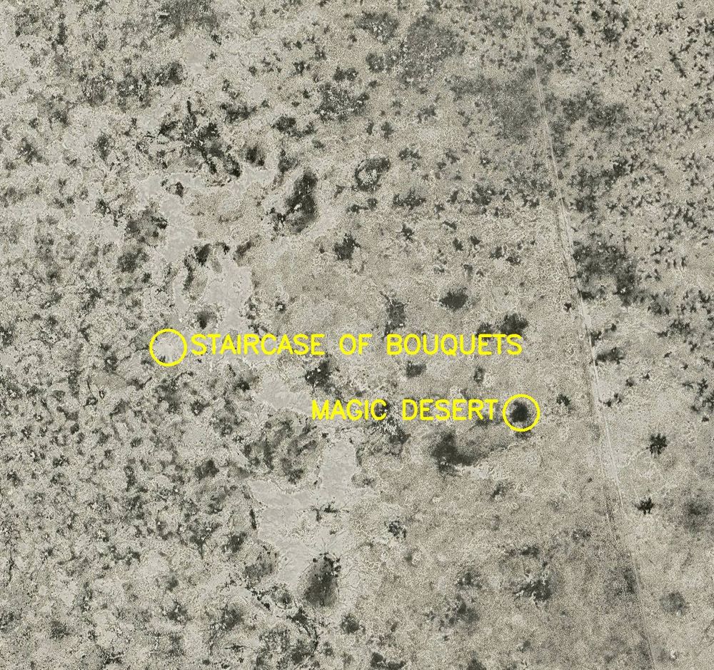Aerial satellite photo labelled in bright yellow letters: 

1. Staircase of Bouquets
2. Magic Desert