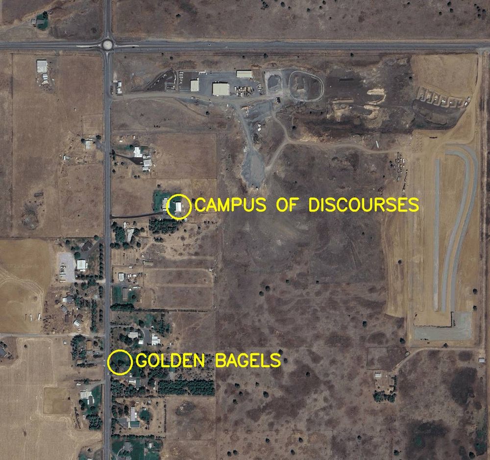 Aerial satellite photo labelled in bright yellow letters: 

1. Campus of Discourses
2. Golden Bagels