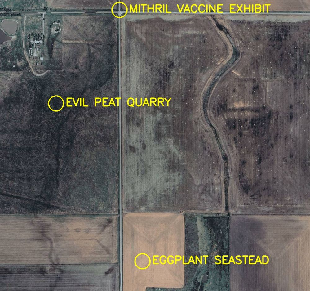 Aerial satellite photo labelled in bright yellow letters: 

1. Eggplant Seastead
2. Evil Peat Quarry
3. Mithril Vaccine Exhibit
