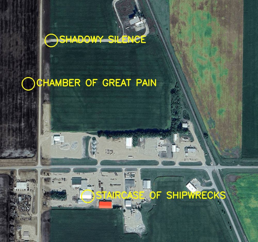 Aerial satellite photo labelled in bright yellow letters: 

1. Staircase of Shipwrecks
2. Chamber of Great Pain
3. Shadowy Silence
