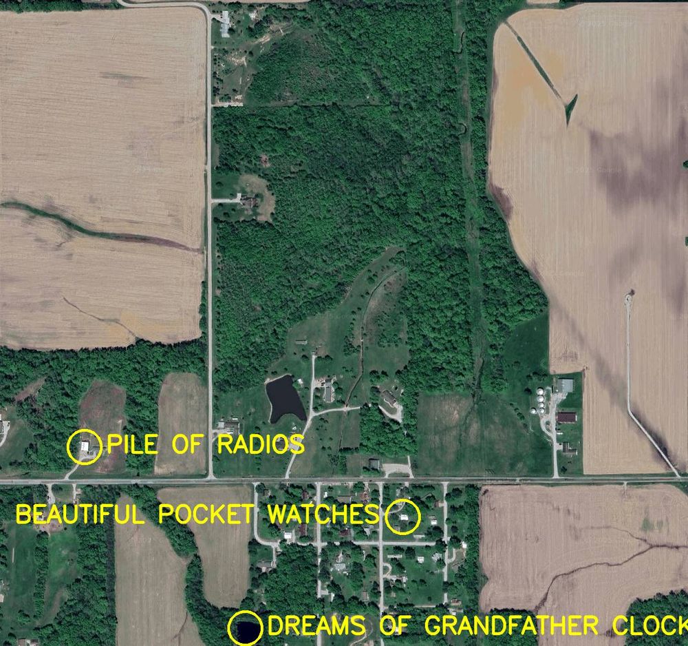 Aerial satellite photo labelled in bright yellow letters: 

1. Pile of Radios
2. Dreams of Grandfather Clocks
3. Beautiful Pocket Watches
