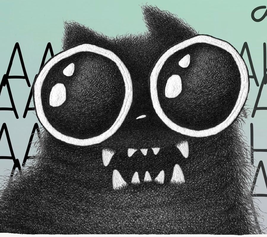 Art from purr.in.ink: drawing of a black cat with huge eyes baring its teeth manacingly at the world.