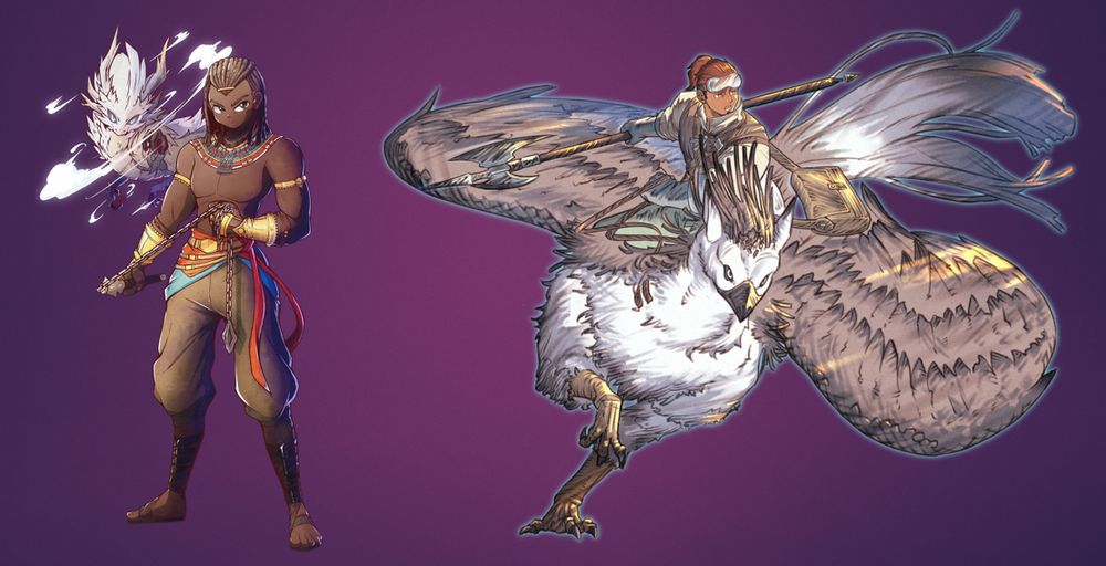 To the left is Faraji with Koh, his spirit guide as the Dragon of the Sky (by @therealhanamaru.bsky.social). To the right is Ishaan with his faithful griffin, Ignacio (Art by takako25252525).