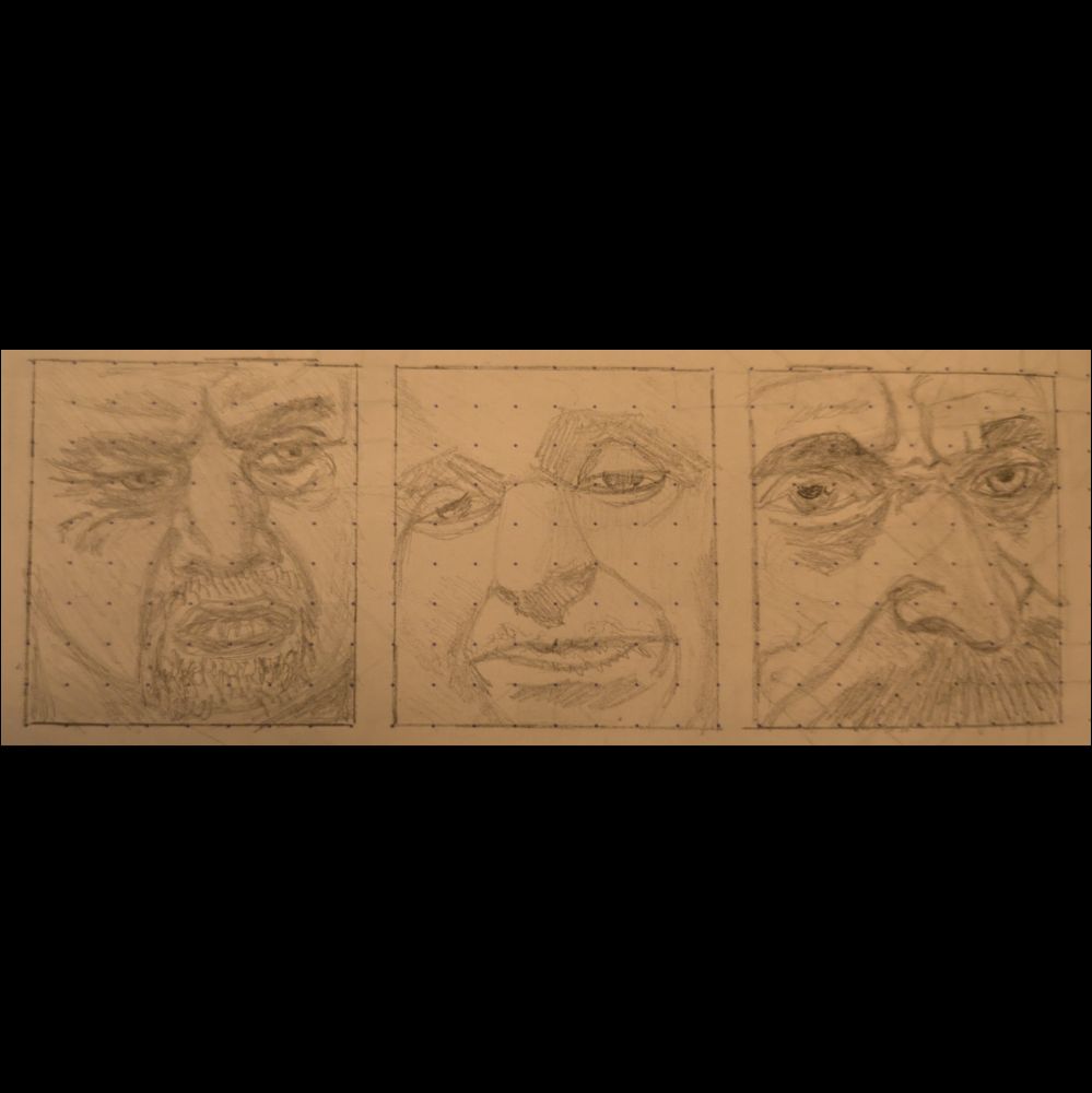 Three pencil sketches in three squares all in a line. From left to right: Sean Dyche, Peter Molyneux and Willem Dafoe.