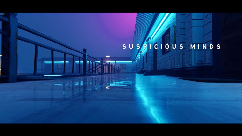 A screenshot from Road 96 of a Motel balcony that says "Suspicious Minds"