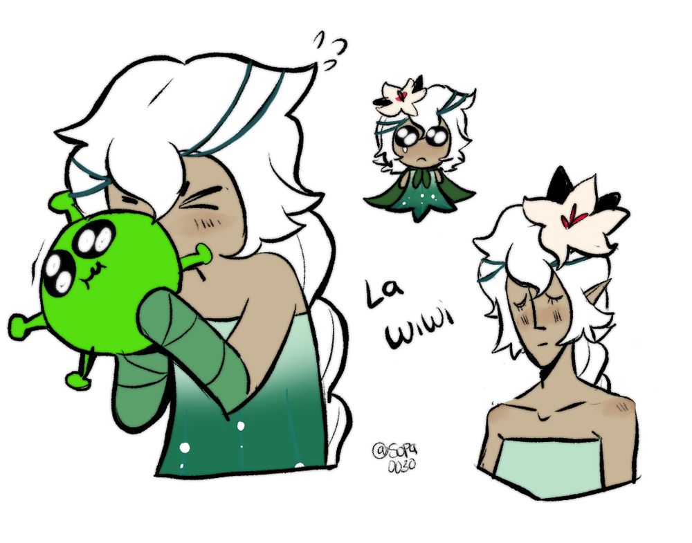 Multiples digital drawings of the character white lily cookie from the game cookie run kingdom