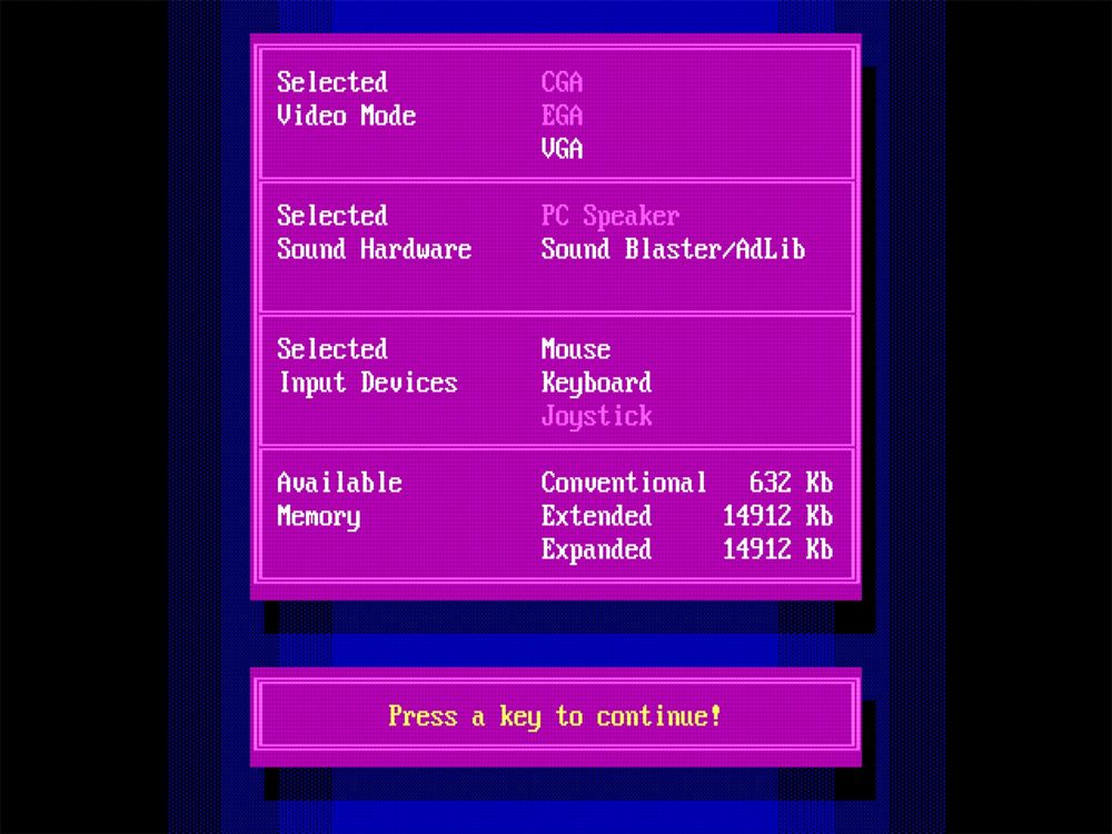 An ANSI screen for a fake DOS game, very inspired by id Software's Commander Keen 4. It lists the player's detected hardware, like video and sound cards, and displays the available memory. A yellow prompt at the bottom tells the player to press a key.