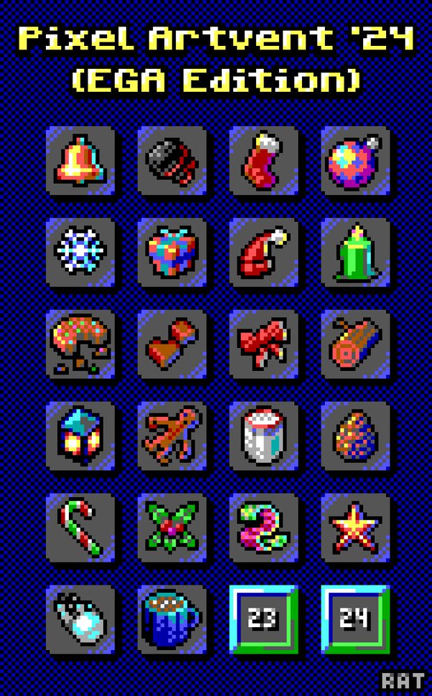 This pixel art advent calendar shows the first twentytwo sprites, which are, in order, a bell, some coal, a stocking, a bauble, a snowflake, a present, a Santa hat, a lit candle, a cookie, some chocolates, a ribbon bow, a wood log, a lantern, a gingerbread man, a glass of eggnog, a pinecone, a candy cane, mistletoe, a scarf, a star, a snowball, and hot cocoa.