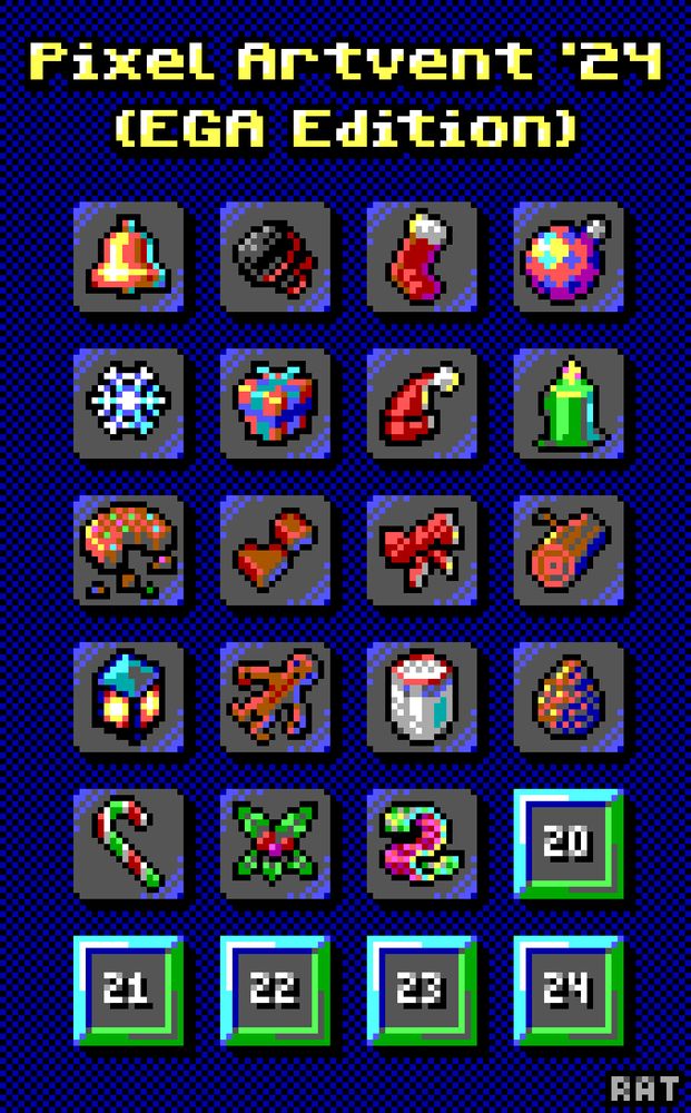 This pixel art advent calendar shows the first nineteen sprites, which are, in order, a bell, some coal, a stocking, a bauble, a snowflake, a present, a Santa hat, a lit candle, a cookie, some chocolates, a ribbon bow, a wood log, a lantern, a gingerbread man, a glass of eggnog, a pinecone, a candy cane, mistletoe, and a scarf.