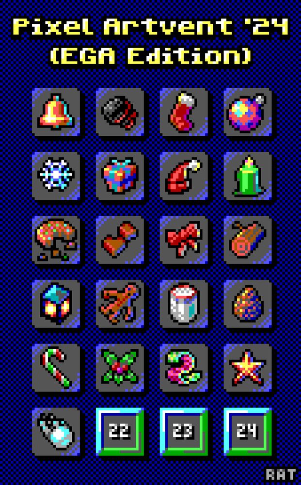 This pixel art advent calendar shows the first twentyone sprites, which are, in order, a bell, some coal, a stocking, a bauble, a snowflake, a present, a Santa hat, a lit candle, a cookie, some chocolates, a ribbon bow, a wood log, a lantern, a gingerbread man, a glass of eggnog, a pinecone, a candy cane, mistletoe, a scarf, a star, and a snowball.