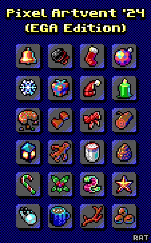 This pixel art advent calendar shows all twenty-four sprites, which are, in order, a bell, some coal, a stocking, a bauble, a snowflake, a present, a Santa hat, a lit candle, a cookie, some chocolates, a ribbon bow, a wood log, a lantern, a gingerbread man, a glass of eggnog, a pinecone, a candy cane, mistletoe, a scarf, a star, a snowball, hot cocoa, an antler, and some nuts.