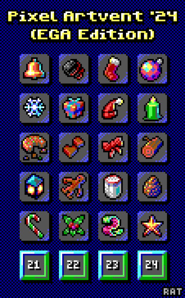 This pixel art advent calendar shows the first twenty sprites, which are, in order, a bell, some coal, a stocking, a bauble, a snowflake, a present, a Santa hat, a lit candle, a cookie, some chocolates, a ribbon bow, a wood log, a lantern, a gingerbread man, a glass of eggnog, a pinecone, a candy cane, mistletoe, a scarf, and a star.