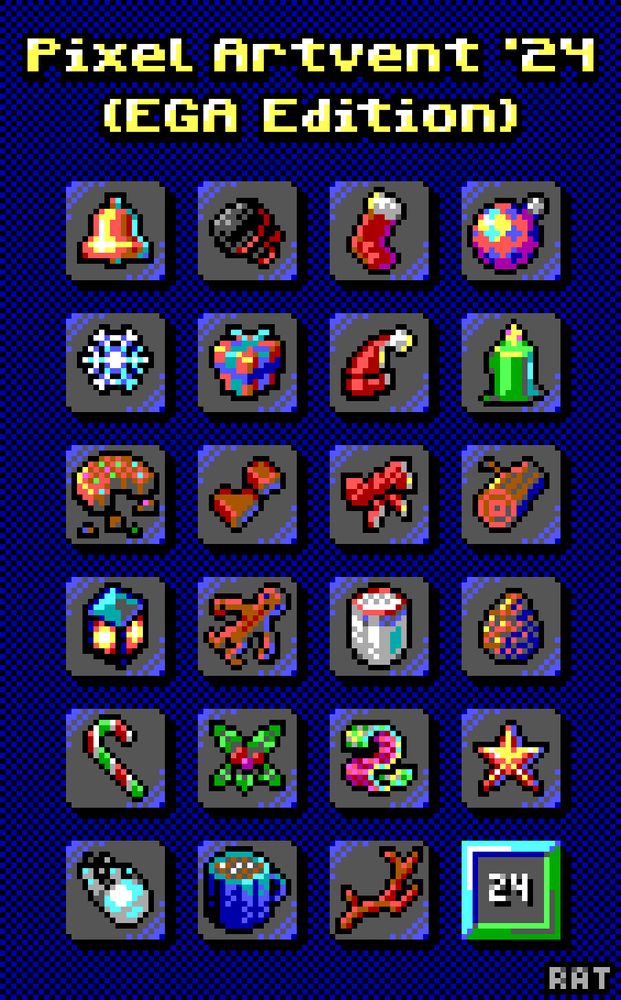This pixel art advent calendar shows the first twenty-three sprites, which are, in order, a bell, some coal, a stocking, a bauble, a snowflake, a present, a Santa hat, a lit candle, a cookie, some chocolates, a ribbon bow, a wood log, a lantern, a gingerbread man, a glass of eggnog, a pinecone, a candy cane, mistletoe, a scarf, a star, a snowball, hot cocoa, and an antler.