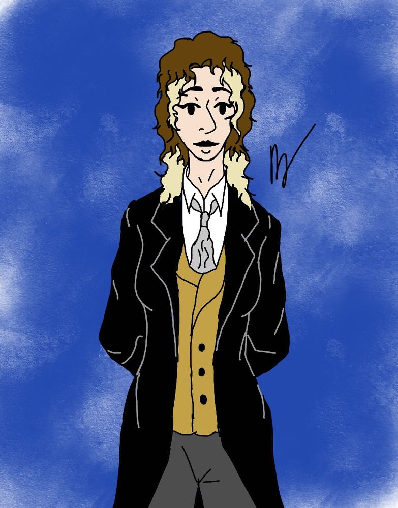 A drawing of a woman with brown hair with bleached tips dressed as the Eighth Doctor with her arms folded behind her back
