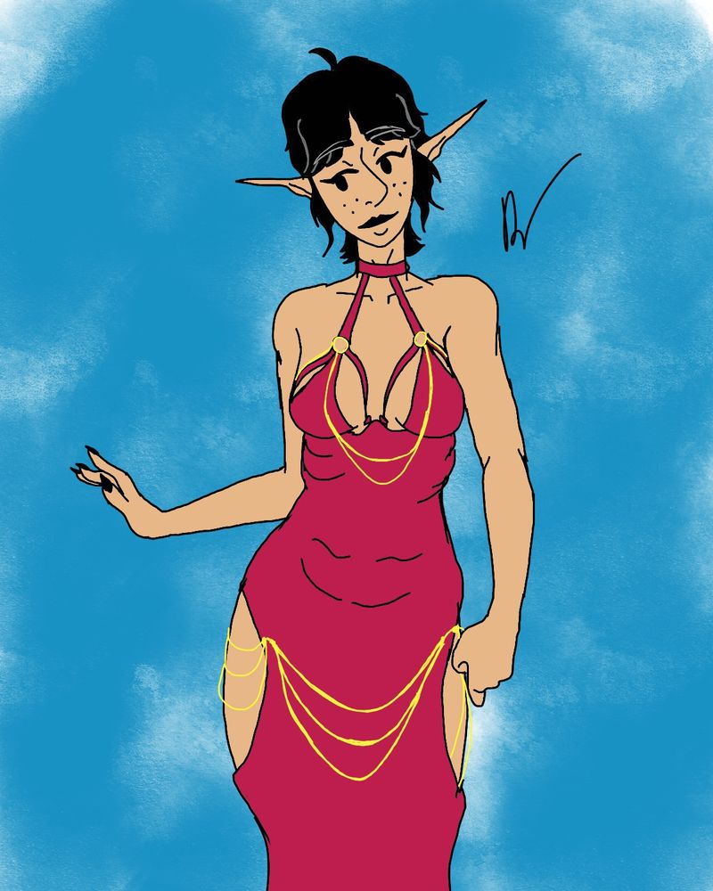 An elf woman in a red dress with good highlights and smiling. She has freckles across her face and a neatly parted haircut. 